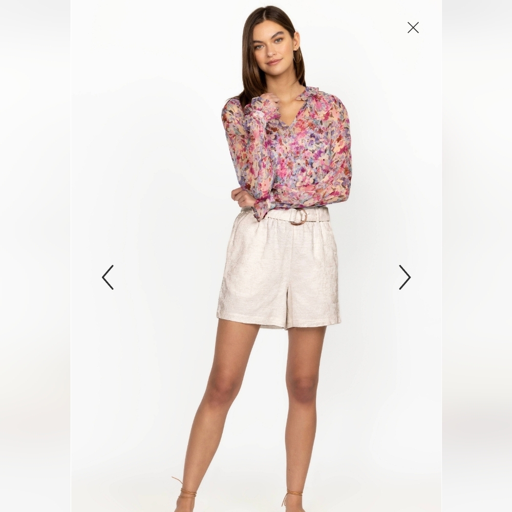Johnny Was Jade Anita Paperbag Short, White Textured Floral, Size Small, No Belt